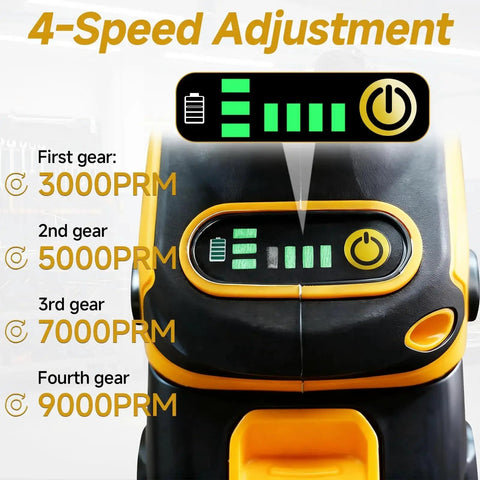 Close-up of 4-speed adjustment display on cordless brushless angle grinder with variable speeds for cutting and grinding.