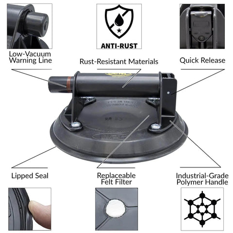 Heavy-Duty Workhorse 8 Inch Flat Vacuum Cup With ABS Handle showing features like rust-resistant materials and quick release.