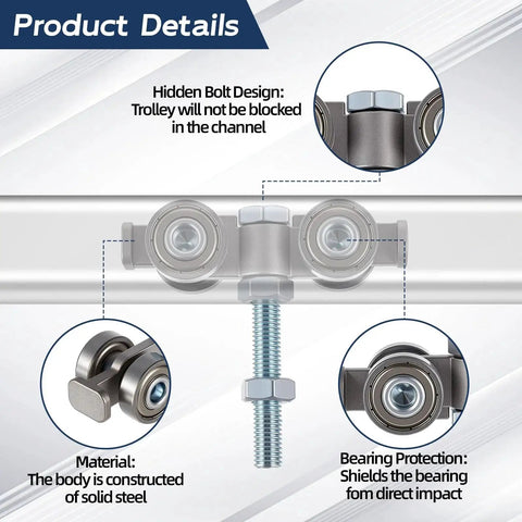 Details of 4 Pcs Silent Trolley Assemblies With 4 Wheel Rollers and M10 bolt in strut channel, showing hidden bolt design and solid steel build.