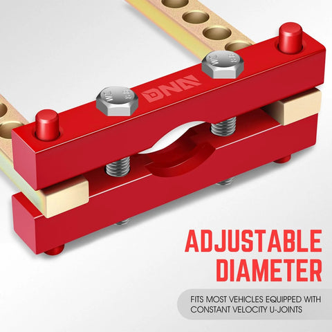 Close-up of Universal CV Joint Puller Removal Tool with 9 fully adjustable holes in red and gold steel, featuring adjustable diameter settings.