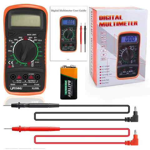 Digital Multimeter Voltmeter And Battery Tester With Backlit LCD For AC DC Voltage DC Current Resistance Continuity Diode Transistor HFE Test And Car Battery Check Includes Test Leads with user guide and battery.