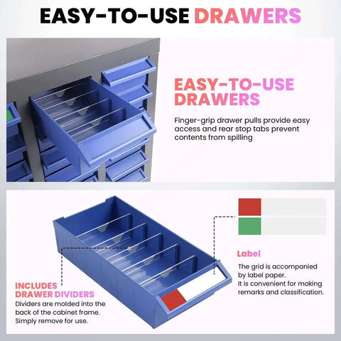 Close-up view of 40 Drawer Metal Parts Storage Cabinet With Alloy Steel Frame And Removable ABS Bins showing drawer details.