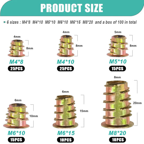 Product size chart for 100Pcs Wood Threaded Inserts Kit In Six Sizes M4x8 M4x10 M5x10 M6x10 M6x15 M8x20 with quantities shown