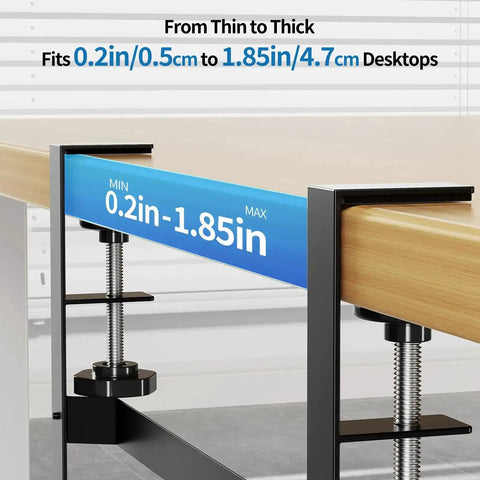 Under Desk Cable Management Tray With No Drill Clamp Mount shown fitting 0.2in to 1.85in desktops, sturdy metal organizer visible