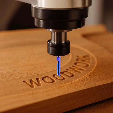 O Flute 1/4 Inch Shank 1/8 Inch Cutting Diameter CNC Router Bit cutting wood with nano blue coating for durability