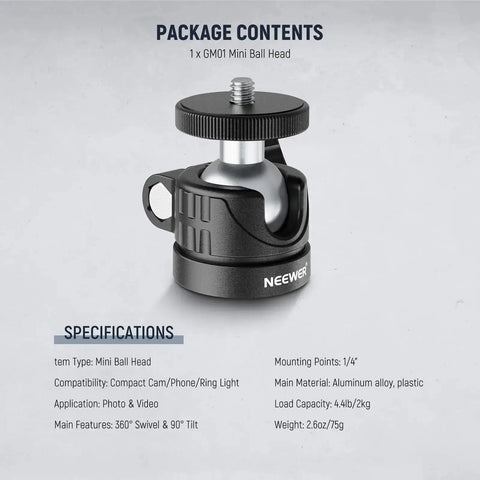 Budget Friendly Compact Mini Ball Head For Tripods And Mounts With One Quarter Inch Screw, 360 Swivel And 90 Tilt, product image with specs