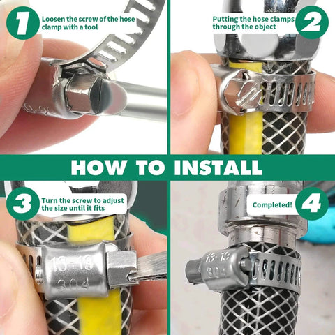 Step-by-step installation of 175 Pcs Stainless Steel Hose Clamp Kit With Eight Sizes From One Quarter Inch To Two Inches Adjustable Worm Gear Clamps Heavy Duty For Automotive Radiator Plumbing Fuel Lines Includes Socket Wrench And Screwdriver.