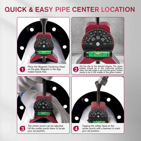 Magnetic Pipe Center Finder Tool With Y Shape Pipefitter Gauge And Adjustable Dial Bubble Protractor For Hands Free Use, illustrated steps.