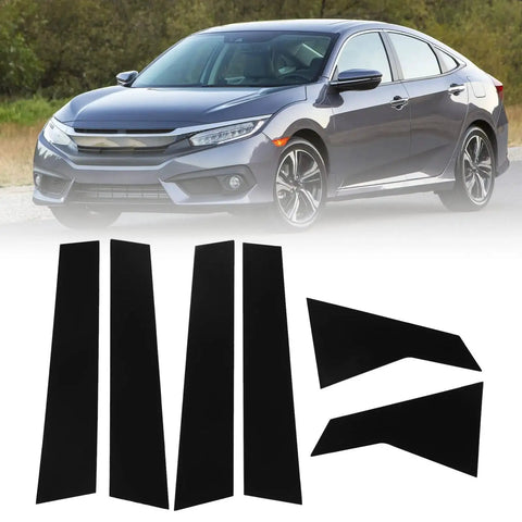 6 Pcs Glossy Black Pillar Trim Covers For 2016 To 2021 10th Gen Civic displayed with a silver sedan in background