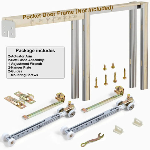Bi-Directional Soft Close Sliding Pocket Door Rollers Kit With 1 Inch Ball Bearing Wheels, Compatible With 100, 134F, 138F, 2610F Track Series, For 100PD 1500 1560 1562 Pocket Door Hardware And 2610F Sliding Door Systems, 2 Pack shown with components