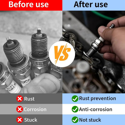Comparison of spark plugs before and after using Copper Anti Seize Thread Lubricant For Spark Plugs And Automotive Fasteners, 1oz tube.