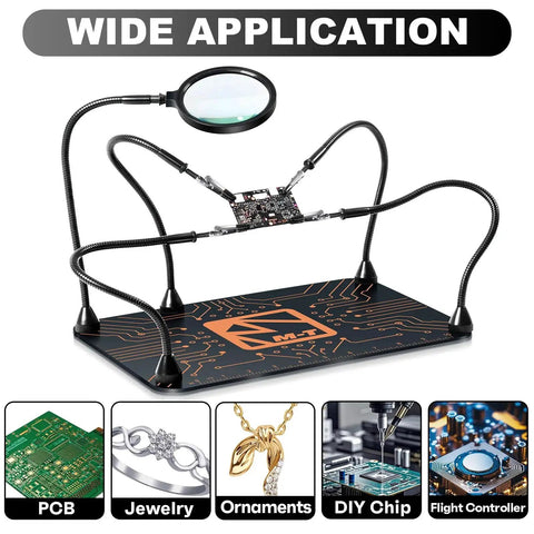Helping Hands Soldering Station With Magnetic Third Hand Tool And 5X Magnifying Glass, 13X9 Inch Non Slip Steel Weighted Base, Four Arm PCB Holder for Electronics Repair, Soldering Jewelry, Crafts And Welding with wide application panel.