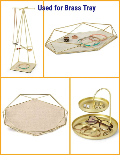 Geometric brass and fabric trays for organizing jewelry and accessories, shown in multiple styles and uses.