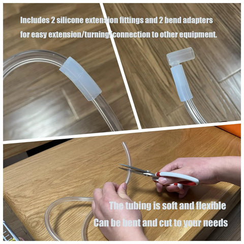 PVC clear vinyl tubing 1/4 in ID x 3/8 in OD, 10 ft, with 2 silicone extension fittings and 2 bend adapters