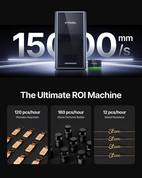 Dual Laser Engraver Powerhouse With 60W MOPA Fiber And 40W Diode Delivers Colorful Metal Engraving Deep 3D Carving And Fast Precision On Wood Acrylic Leather Glass Vinyl And More 15000 Millimeters Per Second Auto Streamline AI XTool F2 Ultra engraving machine with speed metrics and sample products.