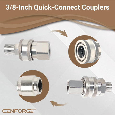 Cenforge 8-piece 3/8-inch stainless steel quick-connect pressure washer fittings, female and male threads for lawn & patio.