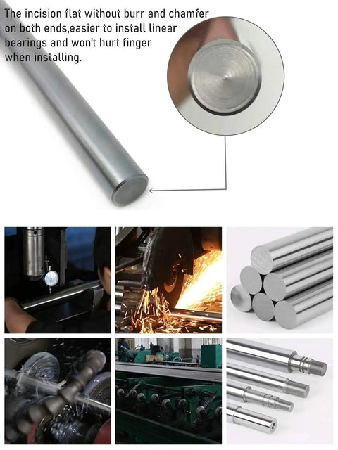 Linear Motion Rods 2 Pack 8mm x 400mm Case Hardened Chrome Plated Guide Rods For 3D Printer CNC And DIY Projects With Ultra Smooth Surface Finish And Metric H8 Tolerance close-up of mirror-polished surface and chamfered ends in use.
