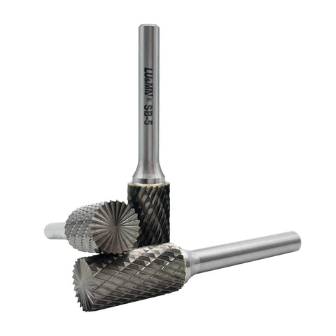 Double Cut Cylinder Tungsten Carbide Burr Set for Metalworking and DIY Fabrication One Half Inch Cutter Diameter, One Inch Cut Length, One Quarter Inch Shank, Three Piece Rotary Burrs Great for Weld Cleanup and Body Shop Projects, displayed in a three-piece set.
