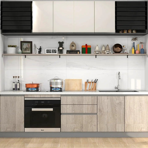 Modern kitchen with built-in appliances, decorative items on shelves, and wood cabinets.