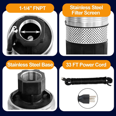 Wassermann 4-inch submersible pump with 1-1/4 inch FNPT, stainless filter screen, stainless base, 33 ft cord.