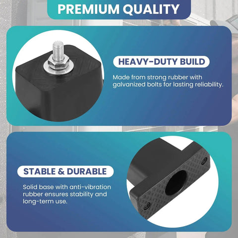 Close-up of rugged rubber vibration isolator brackets dampen noise and absorb vibrations for outdoor mini split condensers.