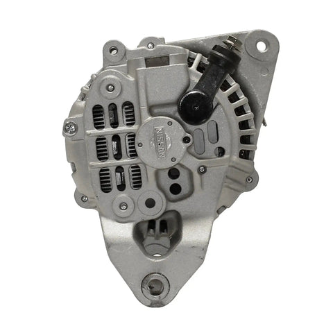 Front view of Remanufactured Alternator With High Temp Bearings And Sealed Seals For Low Noise, silver metal body with mounting points