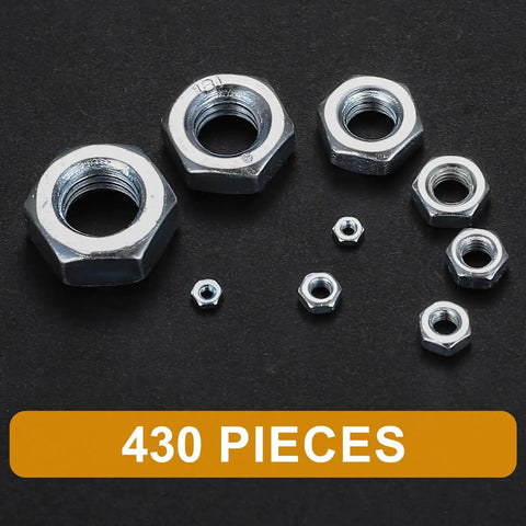 Assorted Stainless Steel Hex Nuts Kit With 430 Pieces, Coarse Thread Nut Set For Bolts, Metric M2 To M12 displayed on black background.