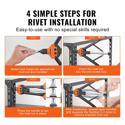Installation process using Rivet Nut Tool Kit 16 Inch With 13 Metric And SAE Mandrels, 186 Pcs Rivet Nuts, semi-auto de riveting tool.