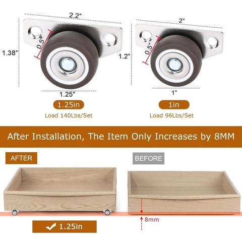 Diagram showing dimensions and installation of Tiny 1.25 Inch Side Mount Caster Wheels Set Of 4 Low Profile Rigid Casters for furniture.