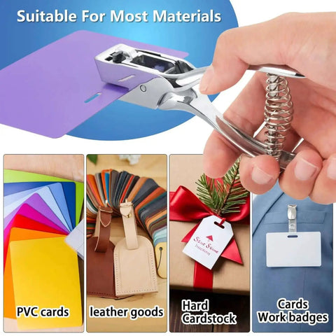 Handheld heavy-duty all-metal slot punch shown punching 15mm by 3mm holes in PVC card, suitable for various materials.