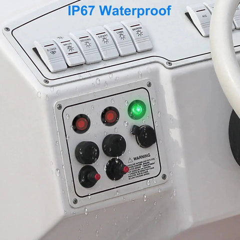 Four Pack 12mm LED Indicator Lights IP67 Waterproof Signal Lamps With 18AWG Leads Universal 5V To 125V Green and Red installed on panel