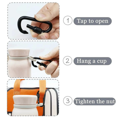 Using Eight Pack D Shape Carabiner Clips With Screw Gate Two Point Two Inch Aluminum Alloy Key Chain for hanging a cup on a backpack.