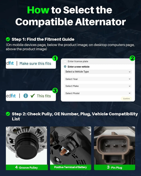 Instruction guide for selecting 175 Amp 12V High Output Alternator For Ford Taurus 2013-2017 Fusion 2013-2020 with fitment guide and details.
