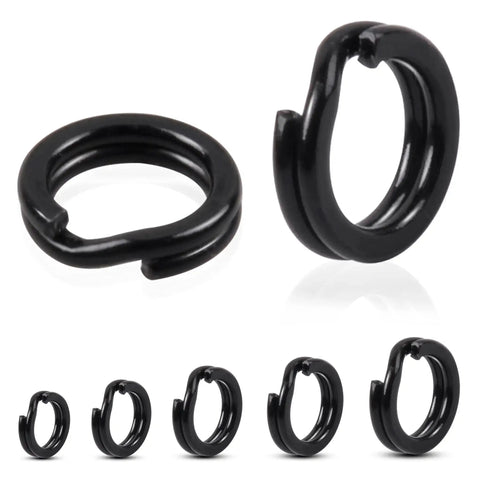 Fishing Split Rings Assortment Kit with 200 Pcs Stainless Steel Rings, sizes 4.0-6.0 mm, black double flat wire snap rings.