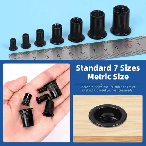 320 Piece Metric Rivet Nuts Kit M3 Through M12 With Flat Head Rivnut Inserts Black Zinc Plated Carbon Steel