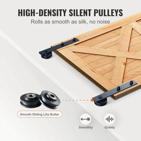 Close-up of 8 Ft Double Door Sliding Barn Door Hardware Kit with Quiet I Shaped Rollers and Heavy Duty Steel Tracks