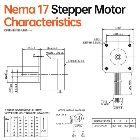 Technical diagram showing dimensions and wiring of Beefy 5 Pack Nema 17 Stepper Motor for 3D Printers and CNC Machines, 1.8 Degree Step.