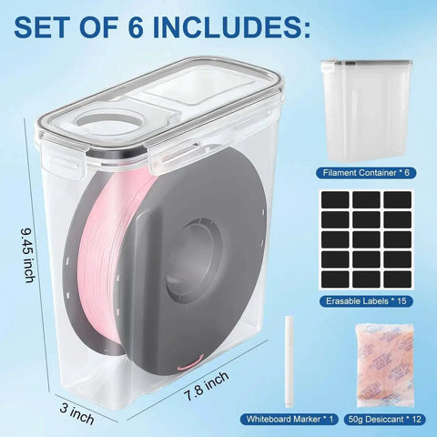 Pro Grade Airtight Filament Dry Box Set 6 Pack 4.0L Storage Bins With Desiccant Bags And Labels for 1Kg Spools, shown with measurements