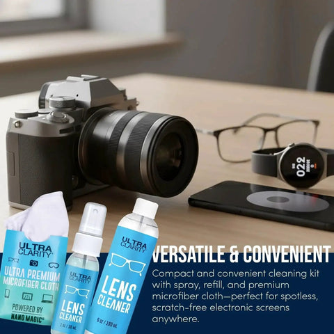 Eyeglass Lens Cleaning Spray Kit With Microfiber Cloths For Glasses next to camera, smartphone, and lenses on a desk
