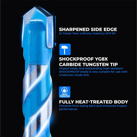 Close-up of 3/8 Inch Masonry Drill Bit Set With Shockproof Hex Shank For Hammer Drills, showing carbide tip and heat-treated body.