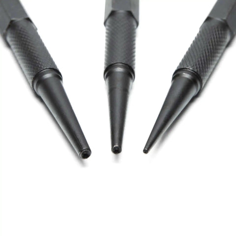 Pro Grade 3 Piece 5 Inch Steel Punch Set with Black Oxide Finish, Laser Etched Size Markings, Knurled Handles for a Firm Grip