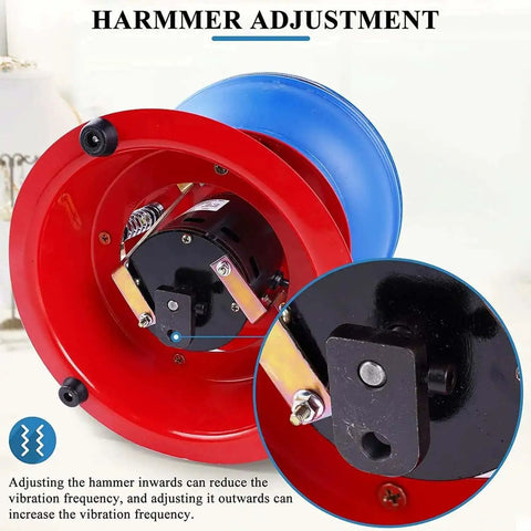 Close-up of Jewelry Tumbler Polisher Workhorse, 90W Vibration Polishing Machine hammer adjustment mechanism, red and blue.