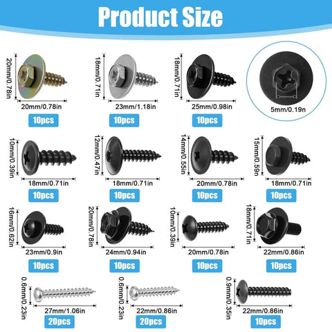 Grab And Go 160 Piece Metal Car Clip And Screw Kit For Body Panels product size chart showing 14 screw sizes and quantities.
