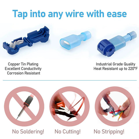 T-Tap wire connector set, 120 pieces, blue plastic quick splice connectors with storage case.