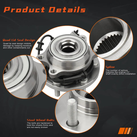Close-up of Front Wheel Hub And Bearing Assembly 6 Lug With Abs For Nissan Frontier Pathfinder Xterra Equator 4WD 4X4 Fits 2005 2019 showing quad lid seal design, spline, and steel wheel bolts.