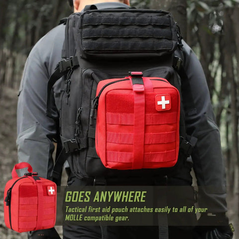 Person carrying backpack with red Rugged 1000D Nylon First Aid Bag With Molle Pouches For EMTs And Tactical Missions in the woods