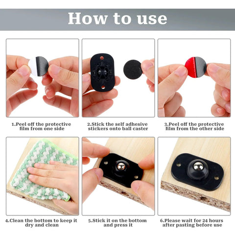 Instructions on using 16 Pcs Self Adhesive Mini Caster Wheels 360 Degree Swivel Mini Appliance Rollers on wood surface