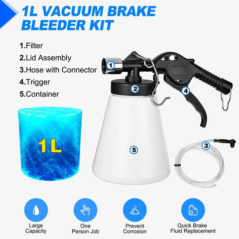 Front view of 1L vacuum brake bleeder kit with white bottle, black lid, trigger, clear hose, adapters and hanging hook.