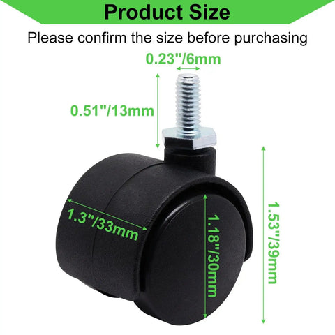 Side view of a 1 Inch Stem Swivel Casters Set Of 4, M6 Threaded Stem, 360 Degree Rotation, Heavy Duty Replacement Castor with dimensions