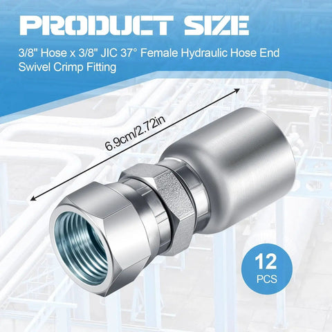12 Piece Hydraulic Hose Fittings Set Three Eighths Inch JIC 37 Degree Female Swivel Crimp End Fittings for Hydraulic Lines